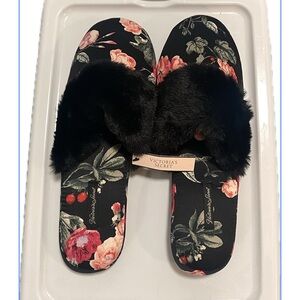 Victoria's Secret Black and Pink Floral Slippers